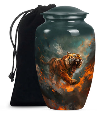 Tiger Urn Serenity: Cremation Solace Embracing Carnations