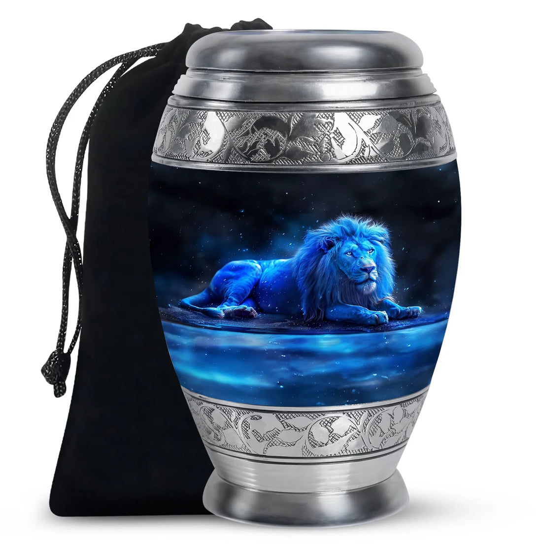 Lion Cremation Metal Urns For Human Ashes - Neon Blue Lion Memorial Urn